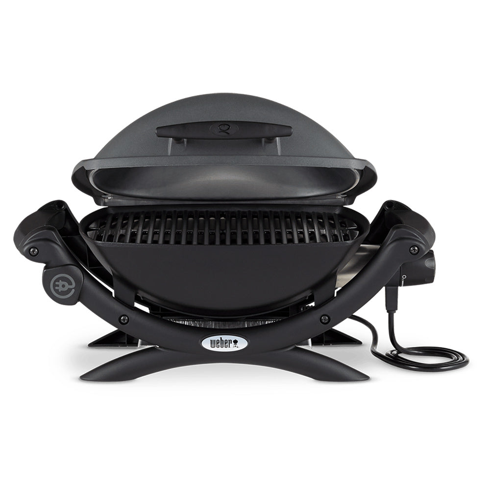 Electric grill with lid open showing grill grate and heating area, side handles