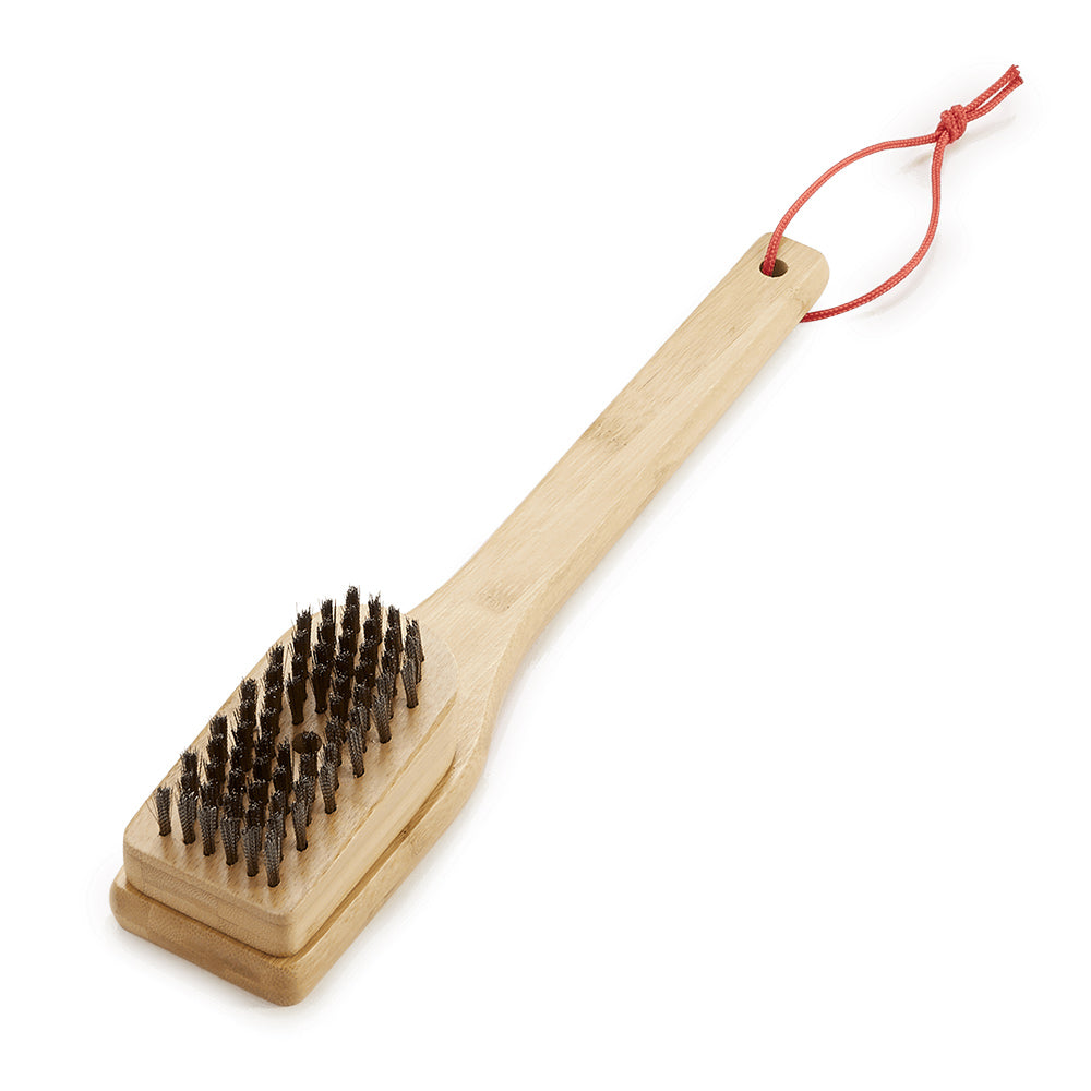 Bamboo grill brush with dark bristle scrubbing head and red hanging loop