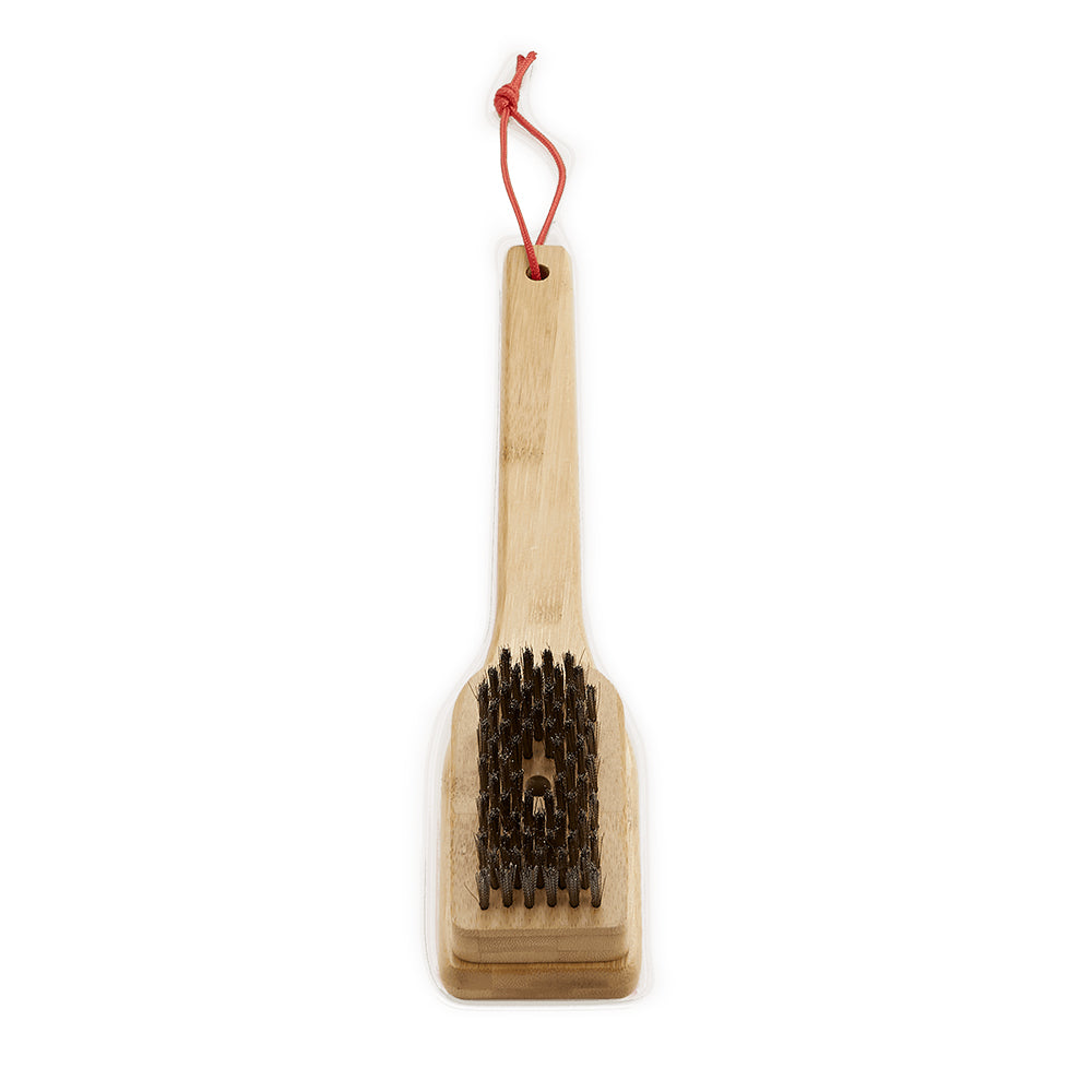 Bamboo grill brush with vertical scrubbing head and red hanging loop