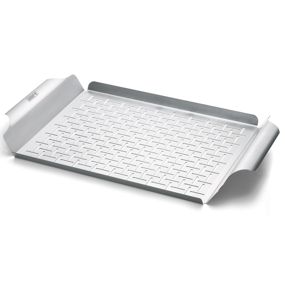 Stainless steel grilling pan with built-in grid surface and two side handles