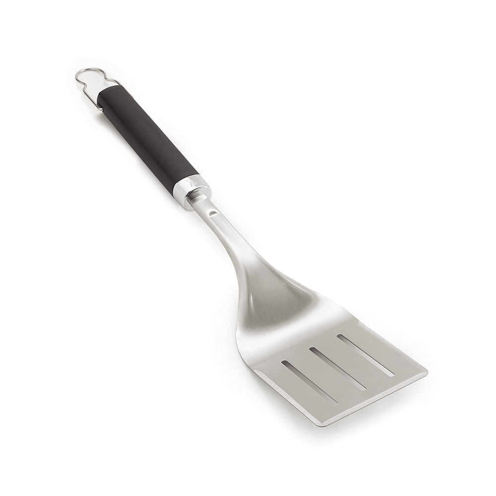 Barbecue spatula, angled stainless steel turner with black handle and loop