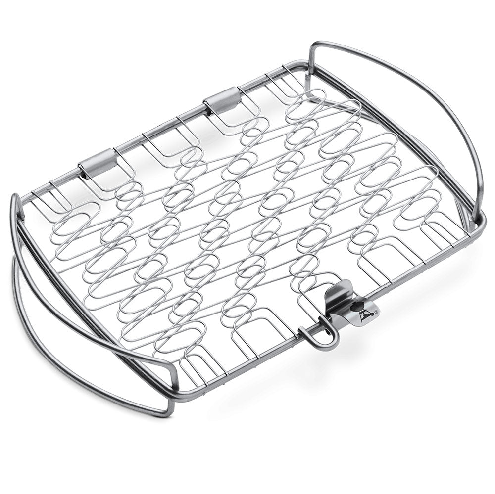 Small stainless steel grilling basket with wire grid and side handles
