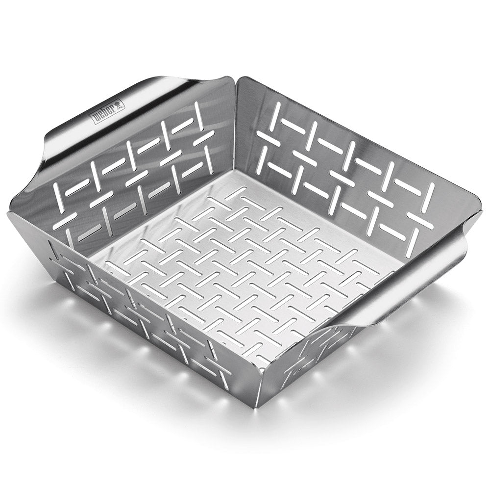 Stainless steel small grilling basket with raised wire pattern and handles
