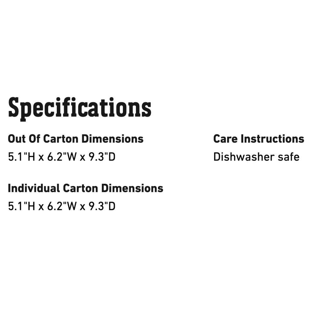 Specifications panel: 5.1" H x 6.2" W x 9.3" D and dishwasher safe