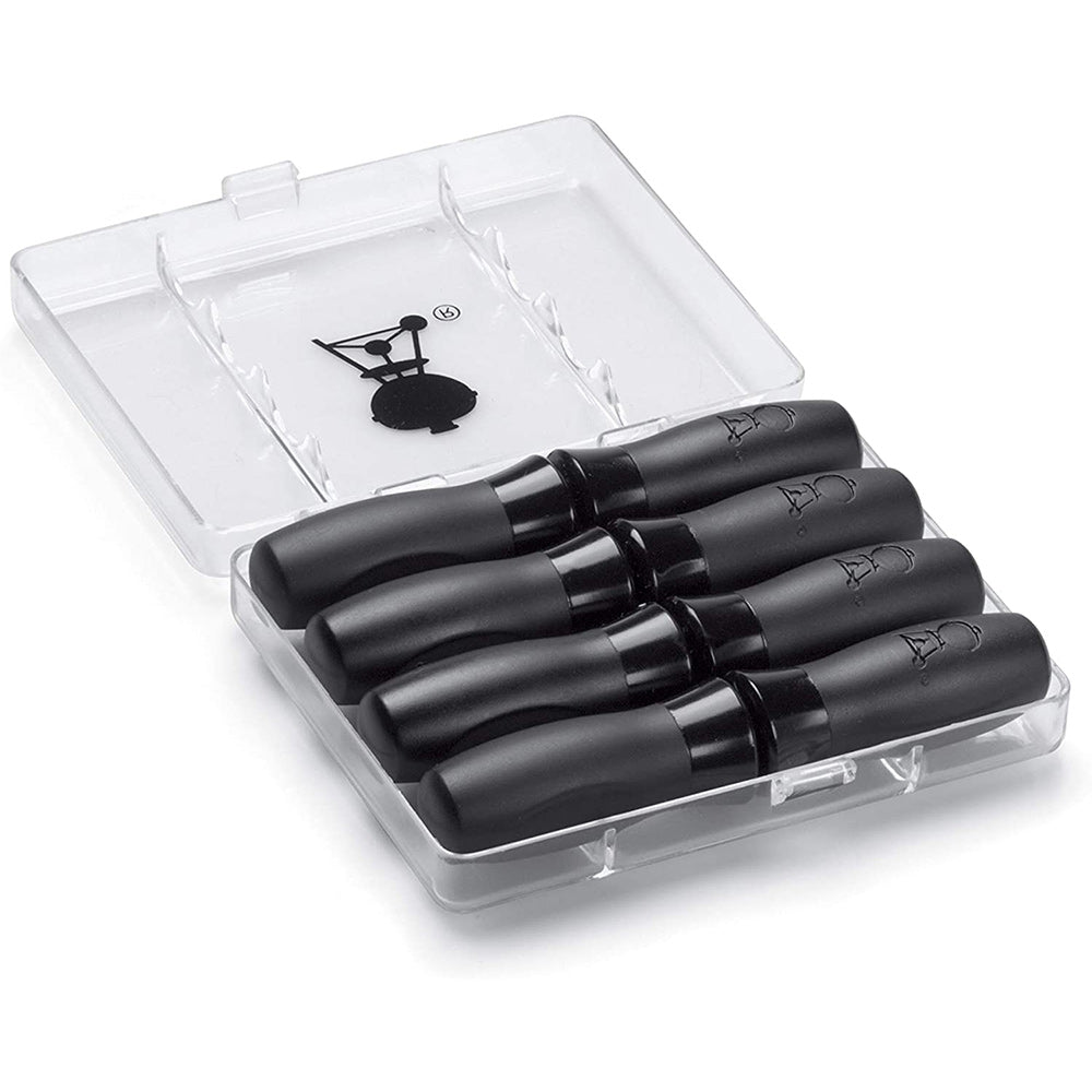 Corn holder set with four black corn forks in a clear storage case
