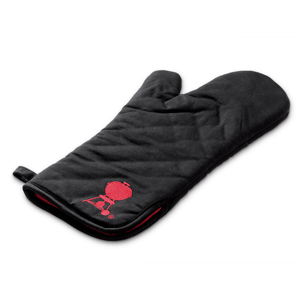 Black cotton barbecue mitt with red logo patch and padded heat-resistant palm