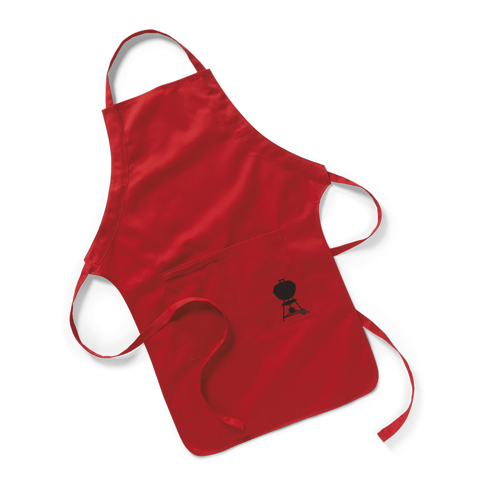 Red Weber apron with adjustable straps and front pocket