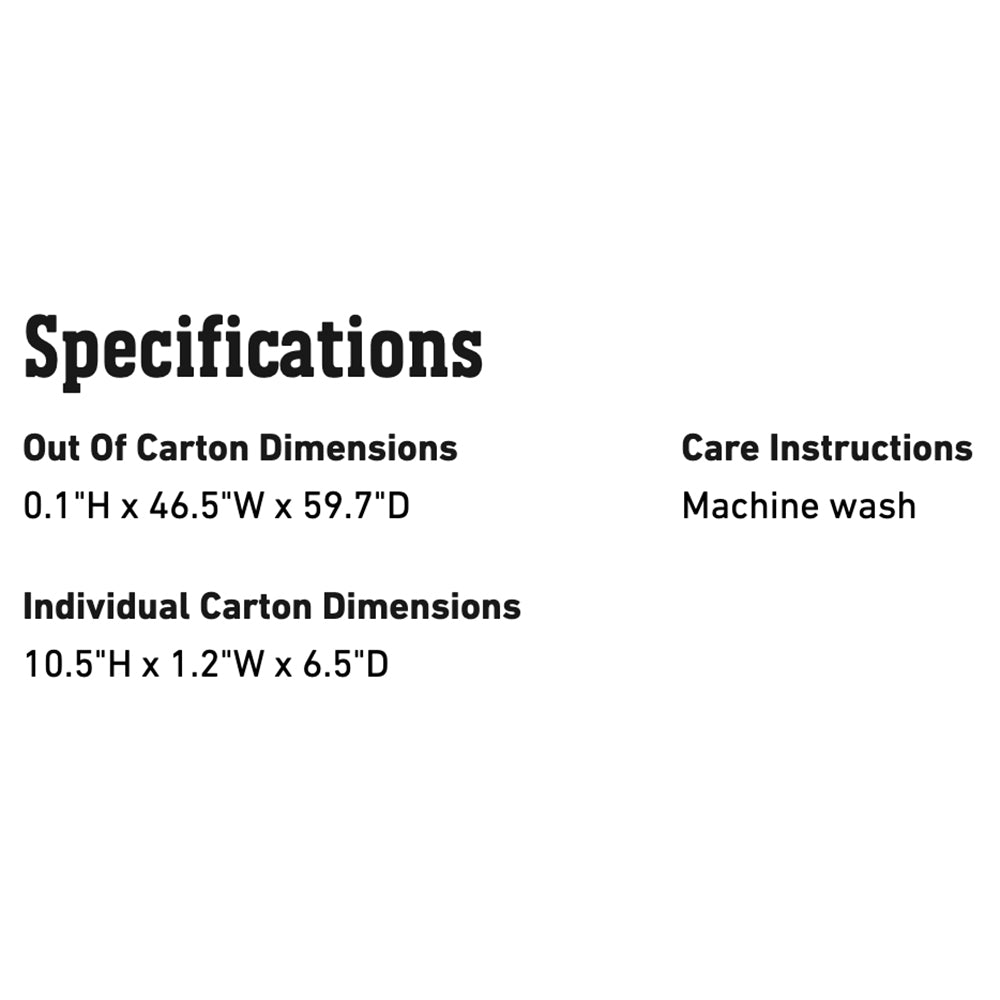 Specifications panel with dimensions and care instructions text