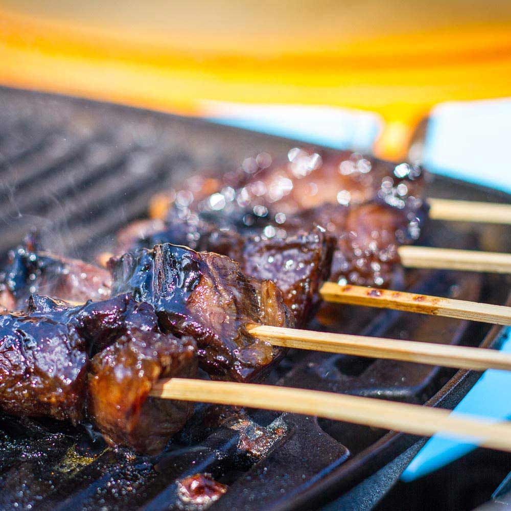 Bamboo skewers holding grilled meat pieces on a hot grill