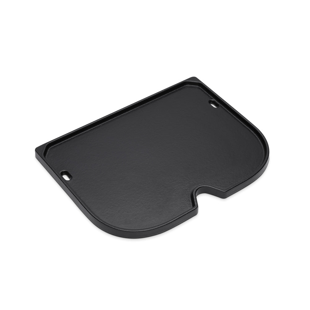 Black Weber griddle plate with two handle holes and raised rim, for flat cooking surface