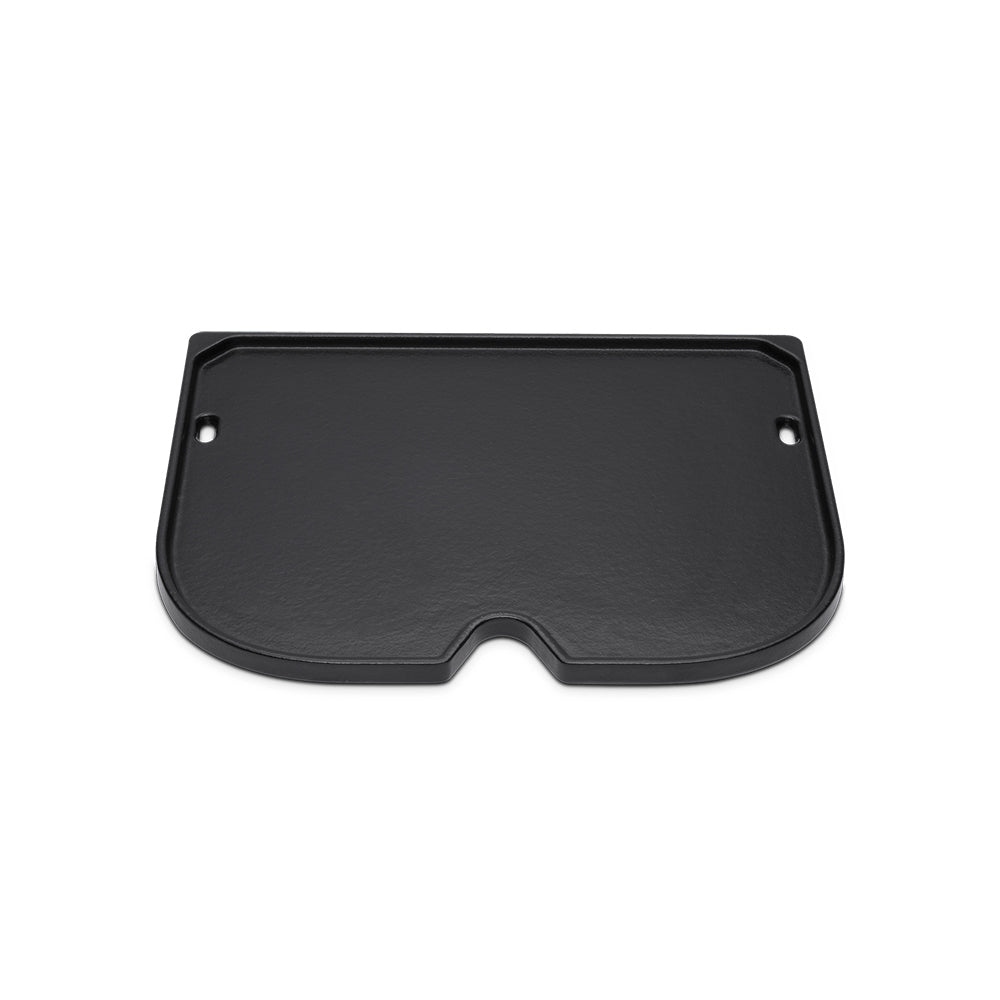 Black griddle plate with central notch and two mounting holes for flat cooking