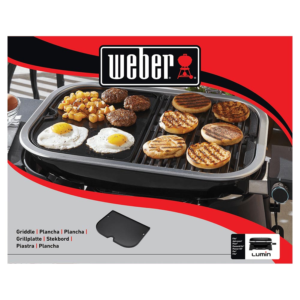 Weber Lumin griddle replacement plate packaging with griddle cooking illustration
