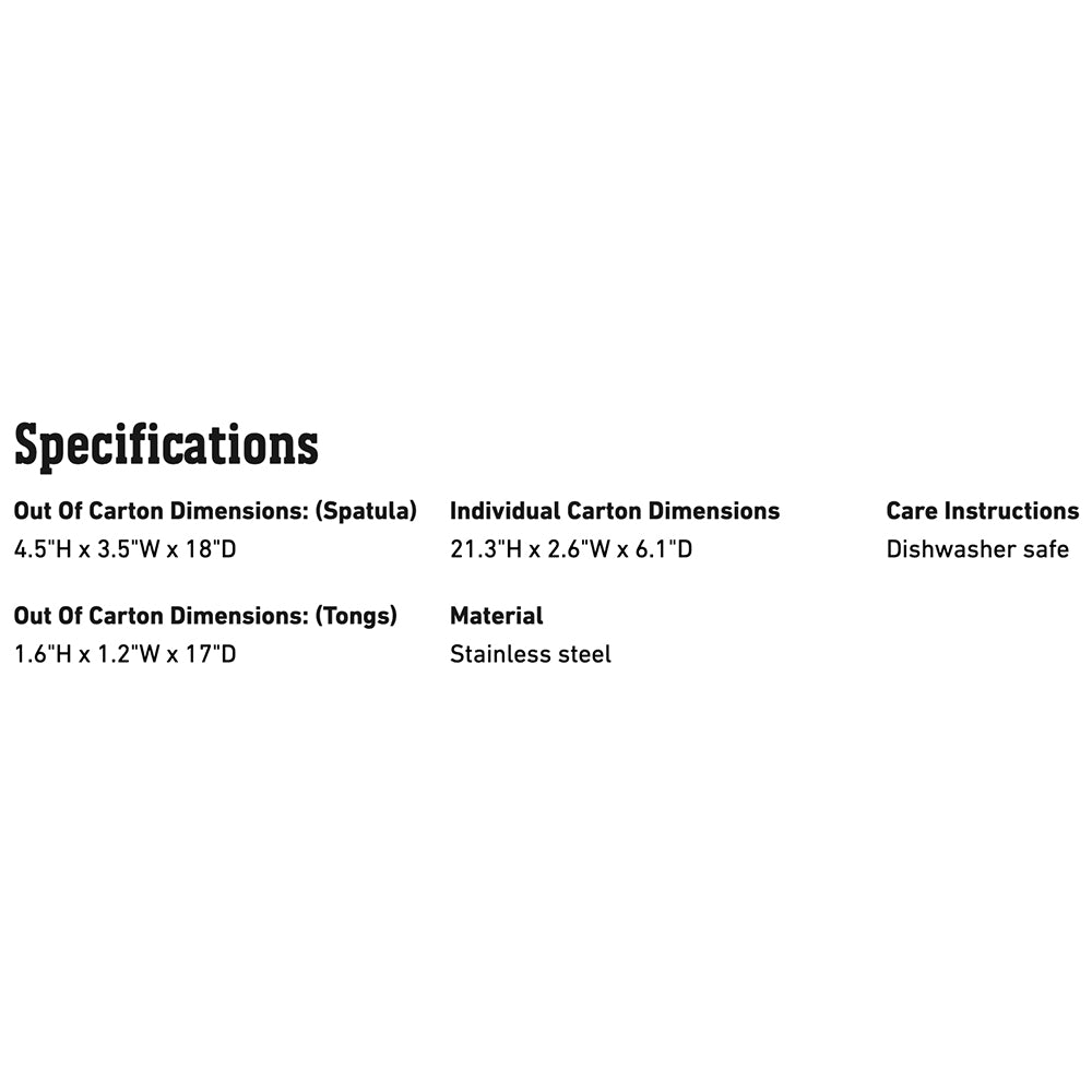 Grill tongs and spatula set specifications with dimensions, care, and material details