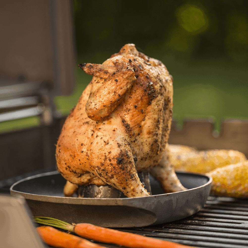 Roasted chicken on a stainless poultry roaster with built-in holding base