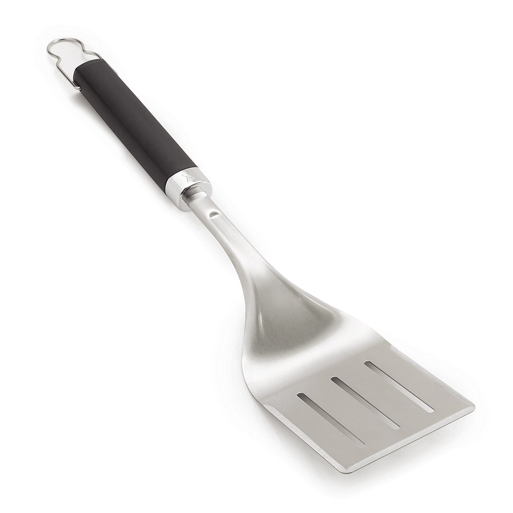 Weber Precision grill spatula with black handle, stainless steel, angled slotted blade