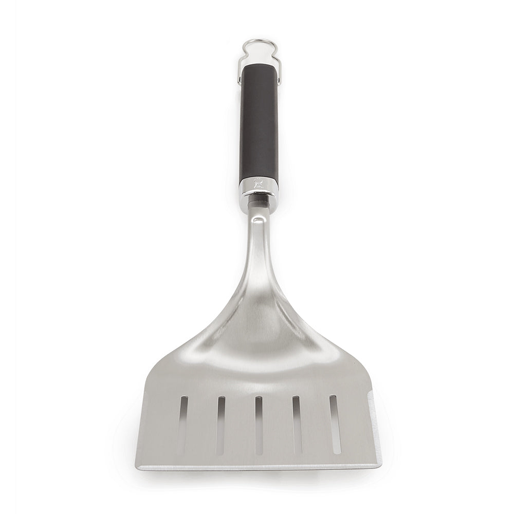 Wide stainless grill spatula head with slotted blade and black grip handle