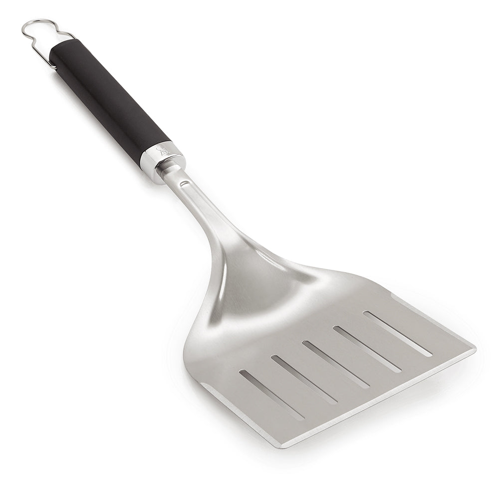 Stainless steel wide grill spatula with slotted plate and black handle