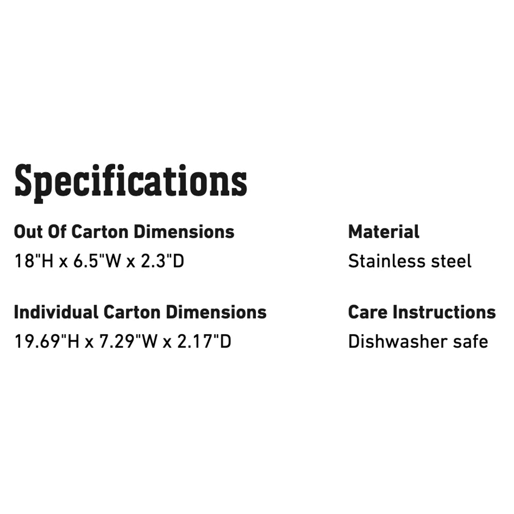 Product specifications panel listing dimensions, stainless steel material, dishwasher safe
