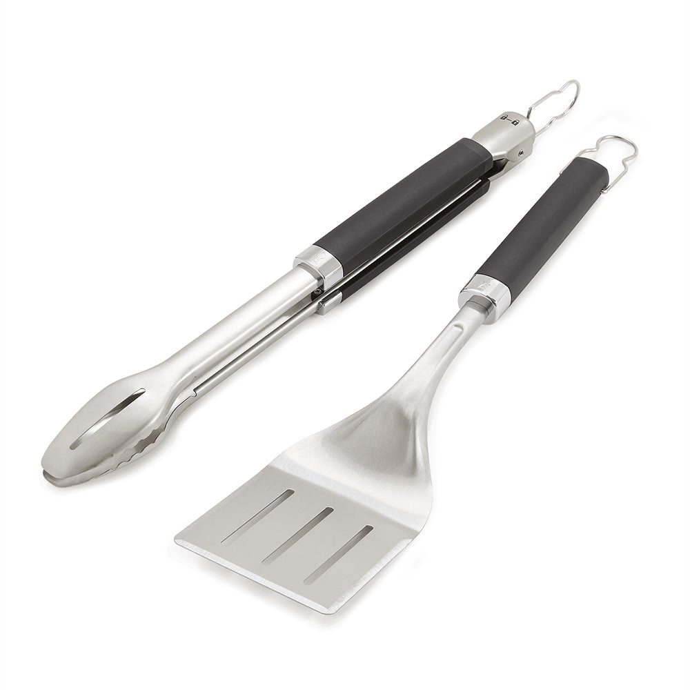 Grill tongs and spatula set with black handles and stainless steel heads