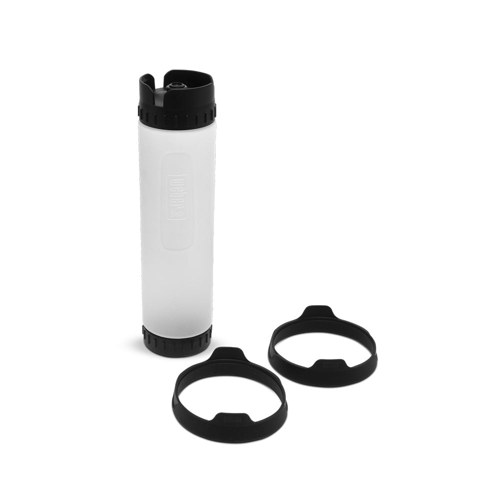 Griddle breakfast set: white press tube with black ends and two black egg rings