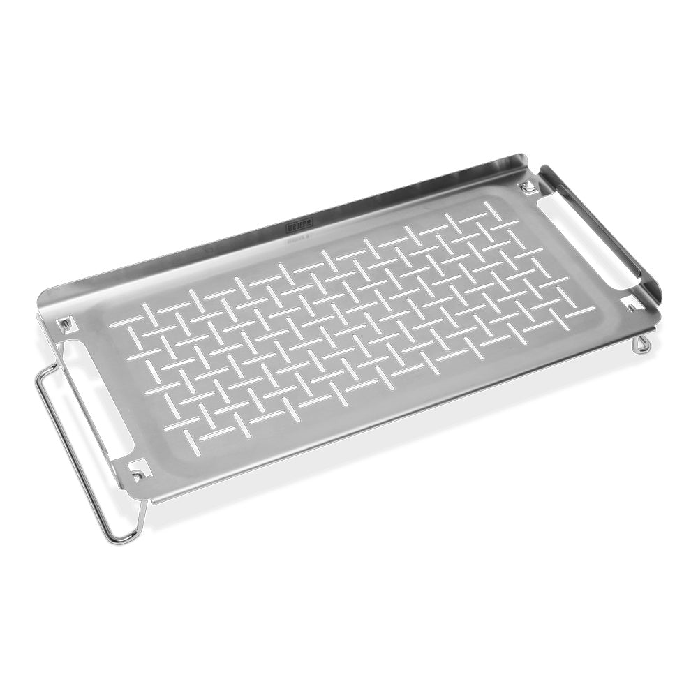 Weber griddle keep warm rack in gray metal mesh with support legs