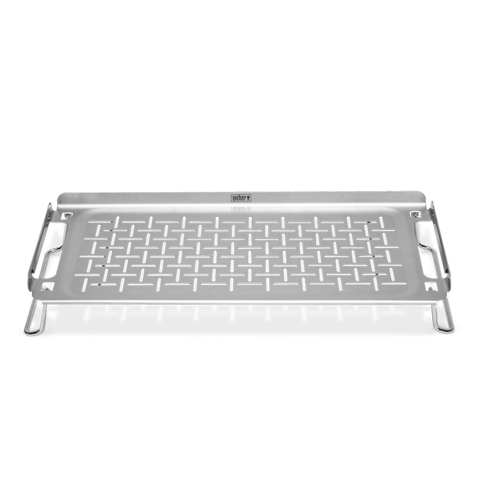 Weber griddle keep warm rack, gray mesh surface with side handles
