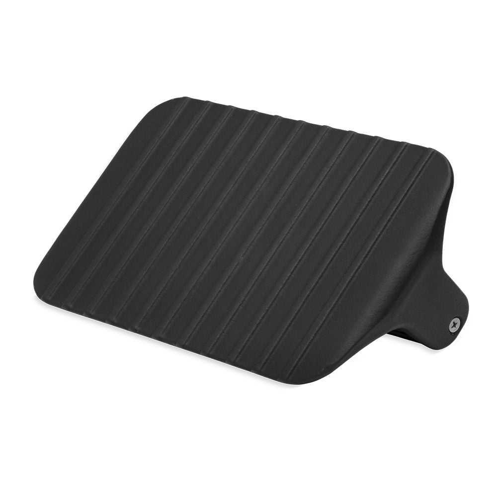 Black griddle press with ridged pressing surface and side handle