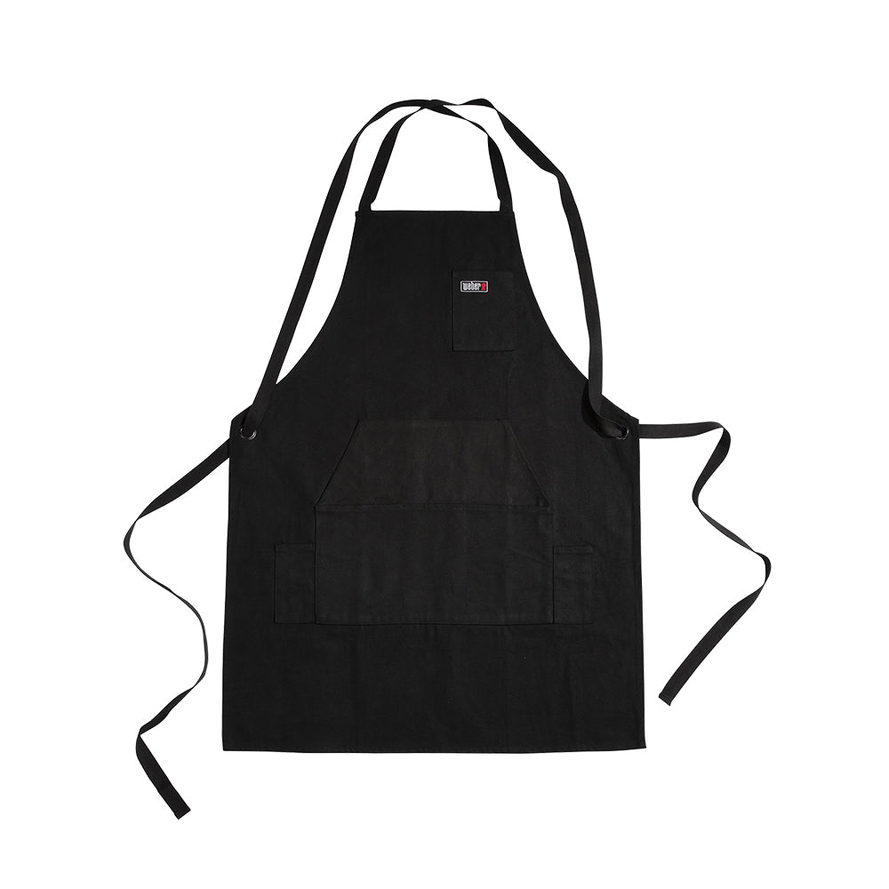 Black crossback apron with front pocket and adjustable neck and waist straps