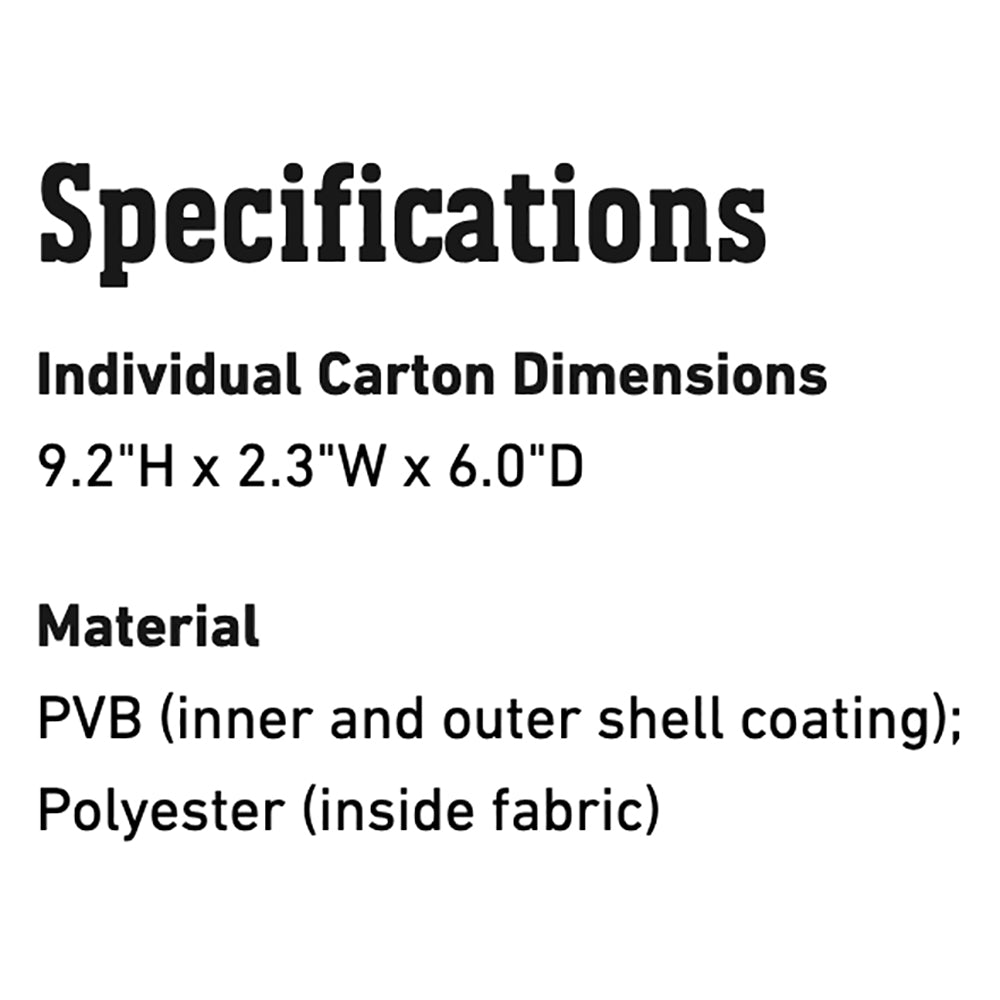 Fuel storage bag specs: PVB outer coating, polyester lining; 9.2"H x 2.3"W x 6"D.