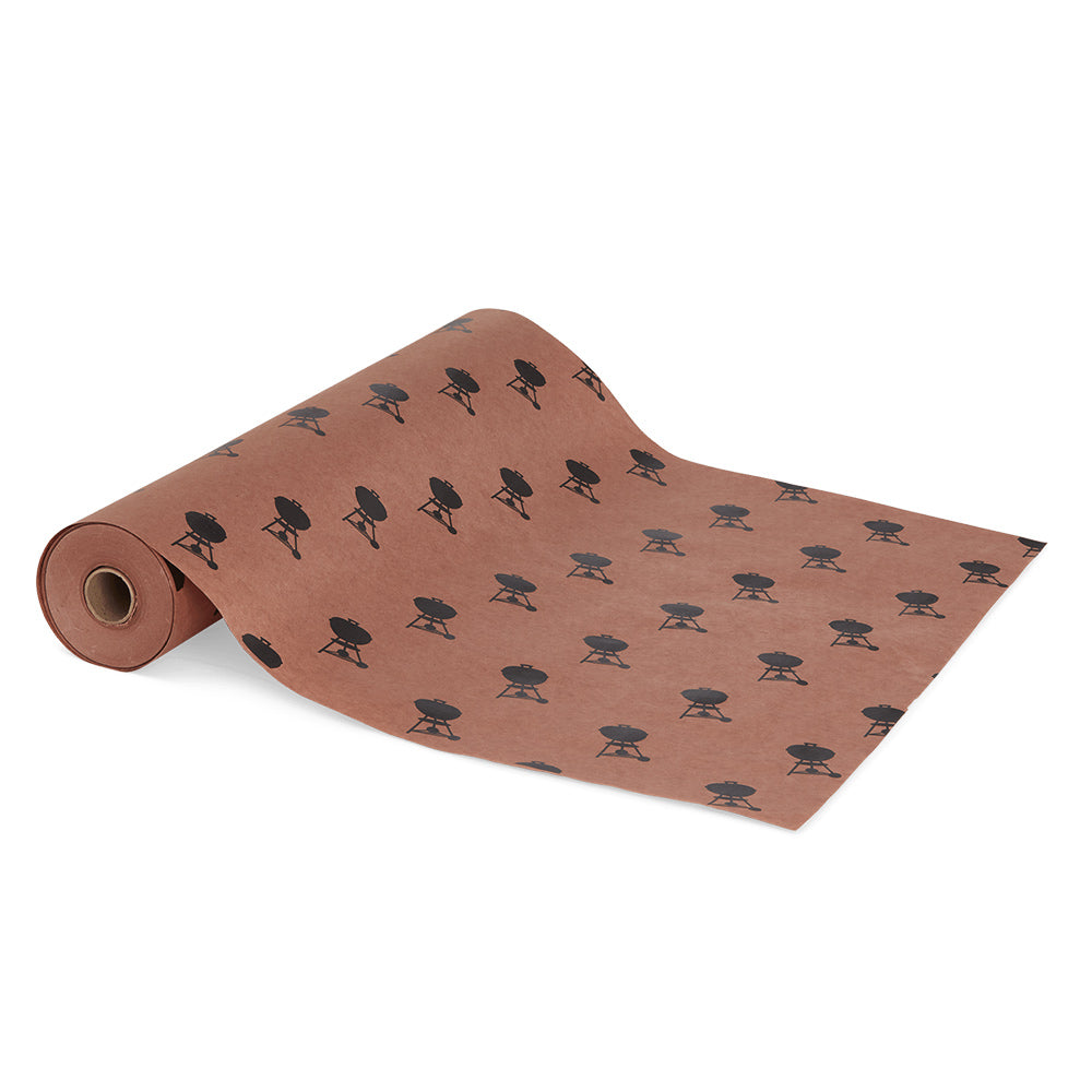 Butcher paper roll, brown with dark bird pattern, on a cardboard core