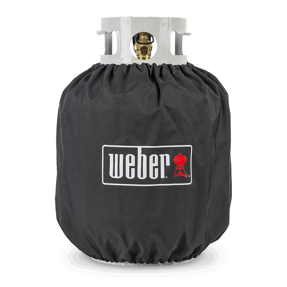 20 lb propane tank cover with charcoal fabric and drawstring, Weber logo patch