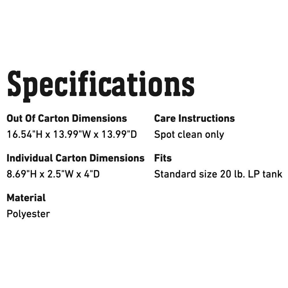 Specifications panel with out-of-carton dimensions and care instructions for tank cover