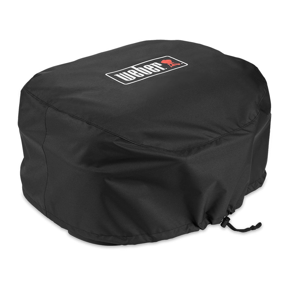 Black Weber grill cover with top logo and drawstring cord, rounded domed cover