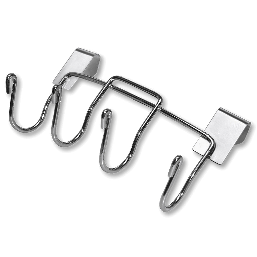Metal tool hooks set with four U-shaped hangers and support frame, chrome finish