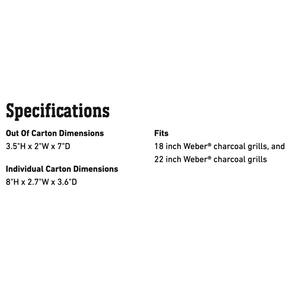 Specifications panel text with out-of-carton and carton dimensions and grill fit