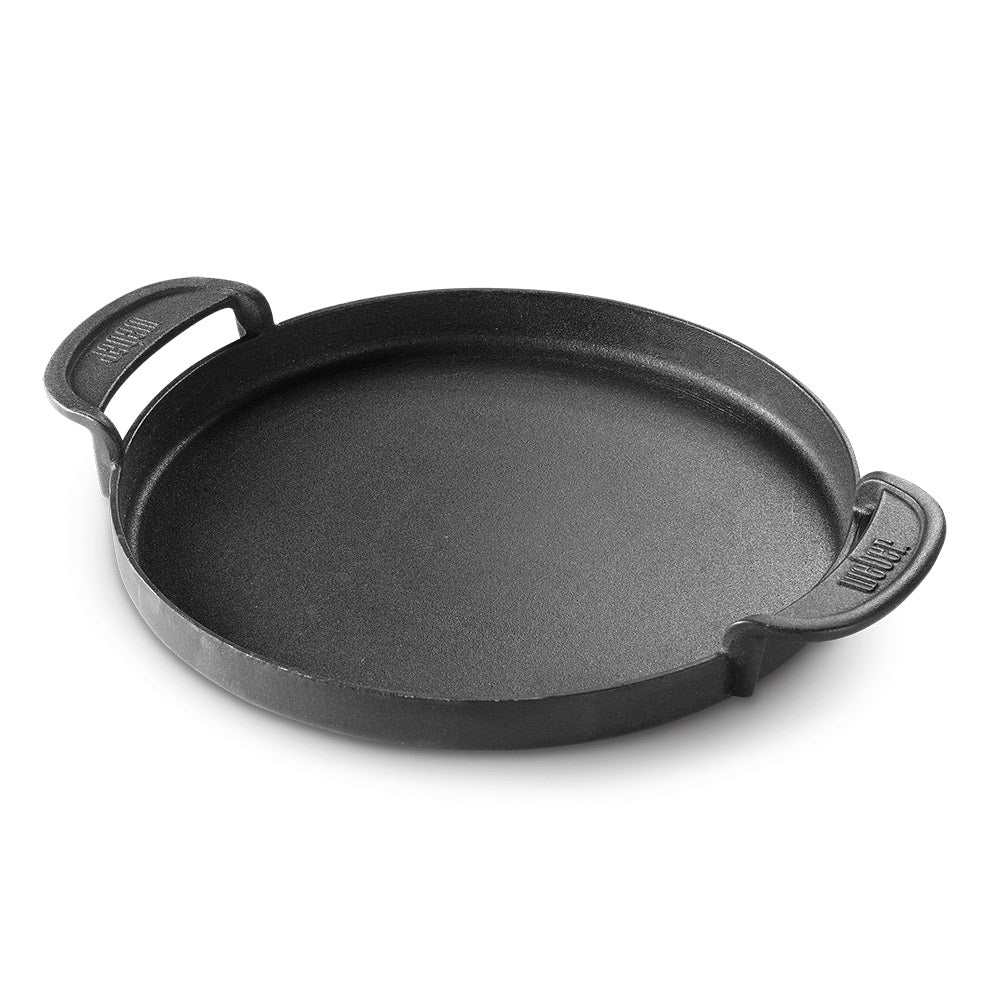 Round cast-iron BBQ griddle pan with two side handles and dark nonstick-style surface