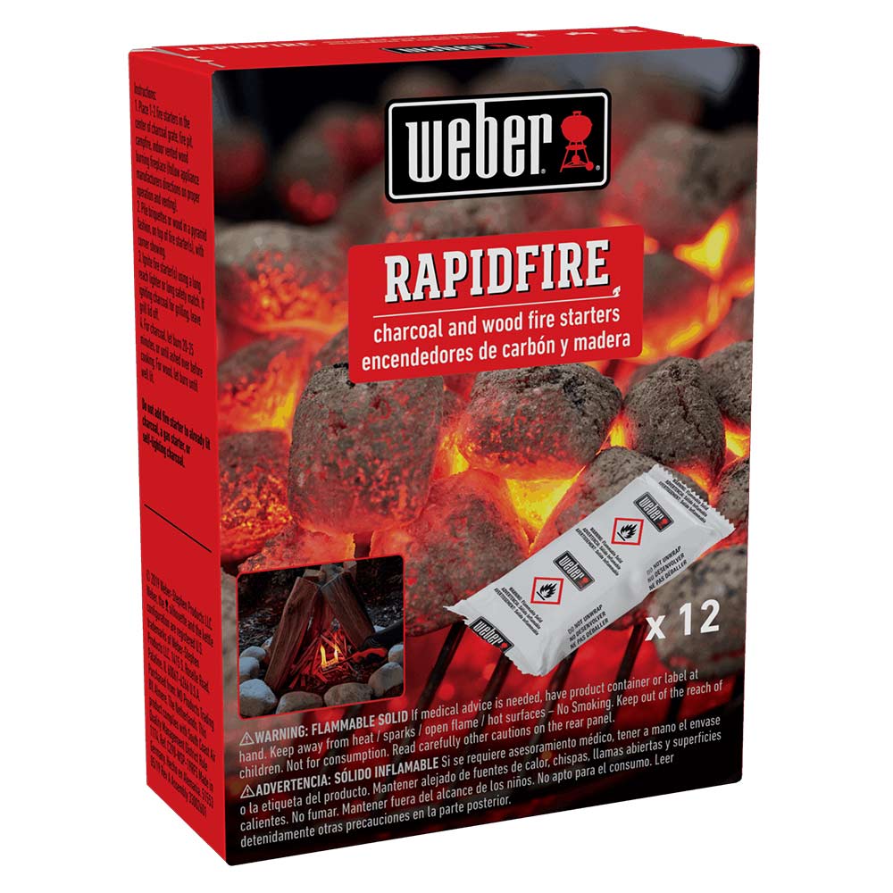 Weber RapidFire fire starters 12-pack box, red packaging with packet display