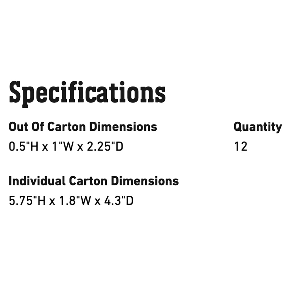 Specifications card showing dimensions and quantity 12