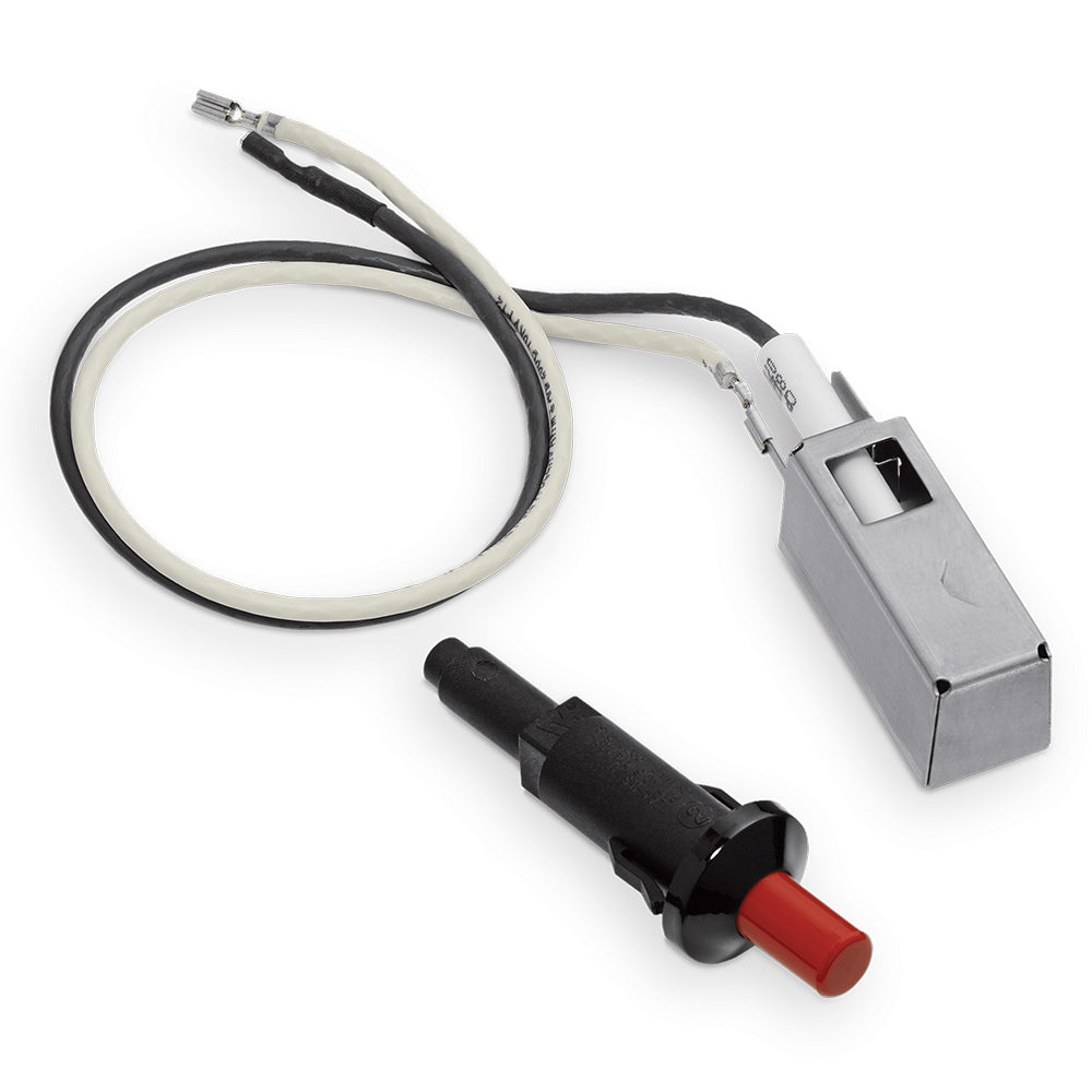 Weber igniter kit with metal electrode, attached wires, and red-tipped spark igniter module
