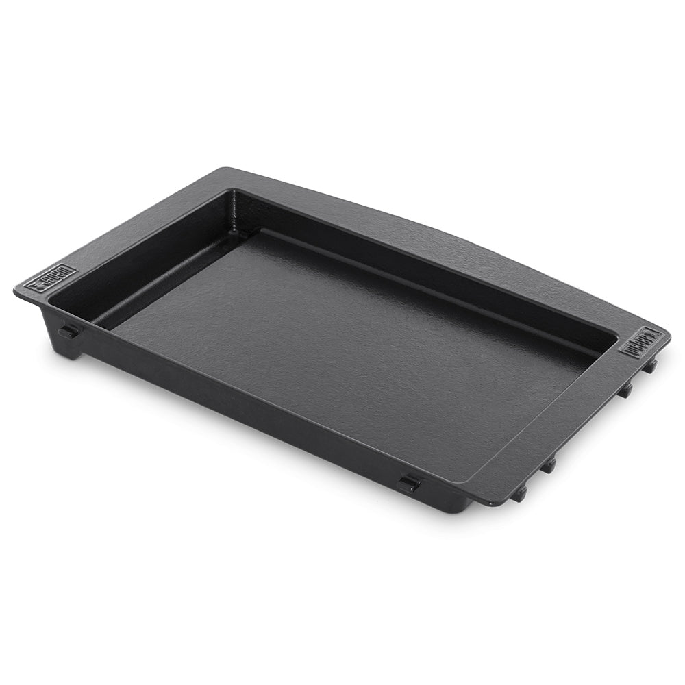 Rectangular cast-iron griddle tray with porcelain-enameled cooking surface and side tabs
