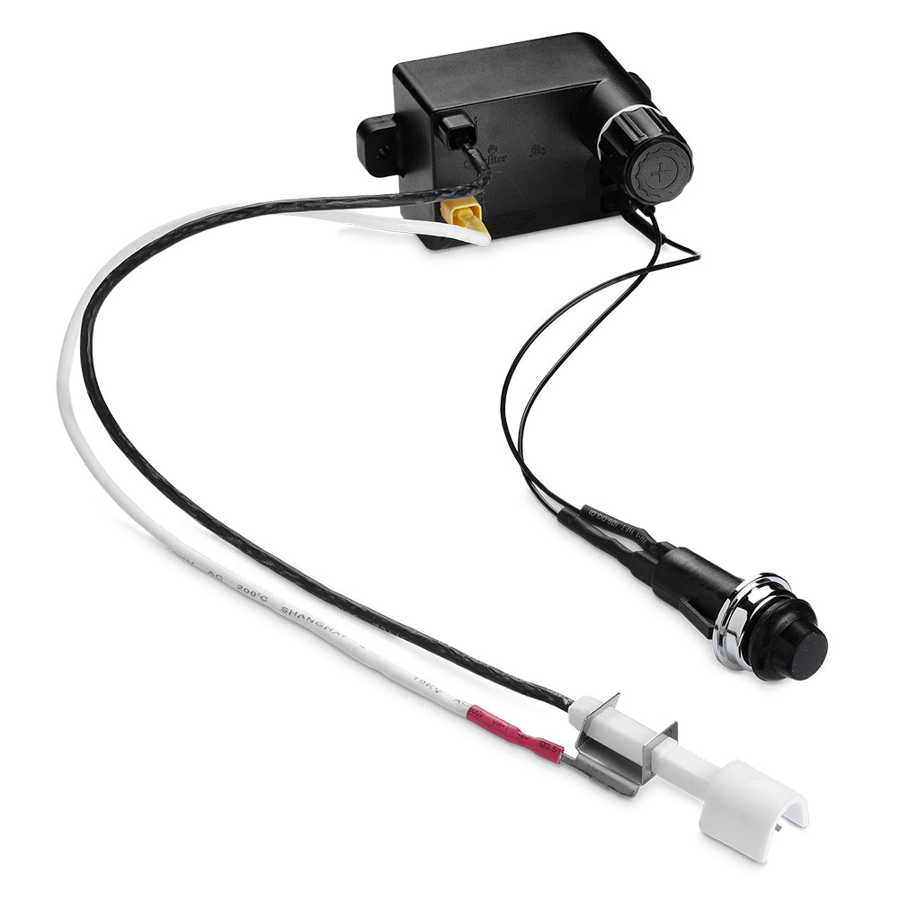 Weber igniter kit for grill, black control module with attached wires and electrode end
