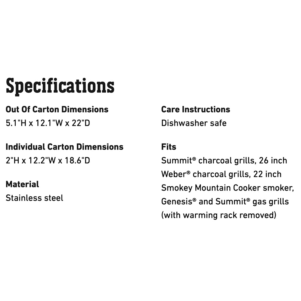Grilling rack specifications text with dimensions, stainless steel material, and care info