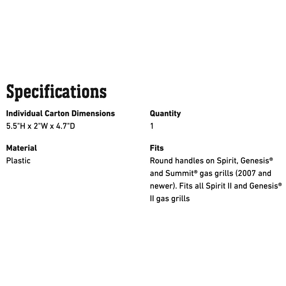 Specifications card: plastic material; fits Spirit and Genesis II gas grills; carton 5.5 in
