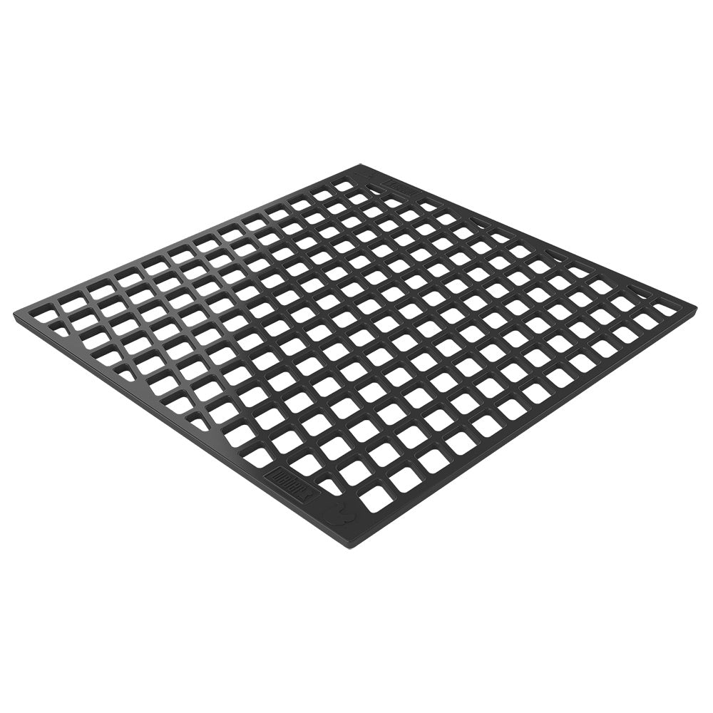 Dual-sided sear grate, black metal grid with square perforations