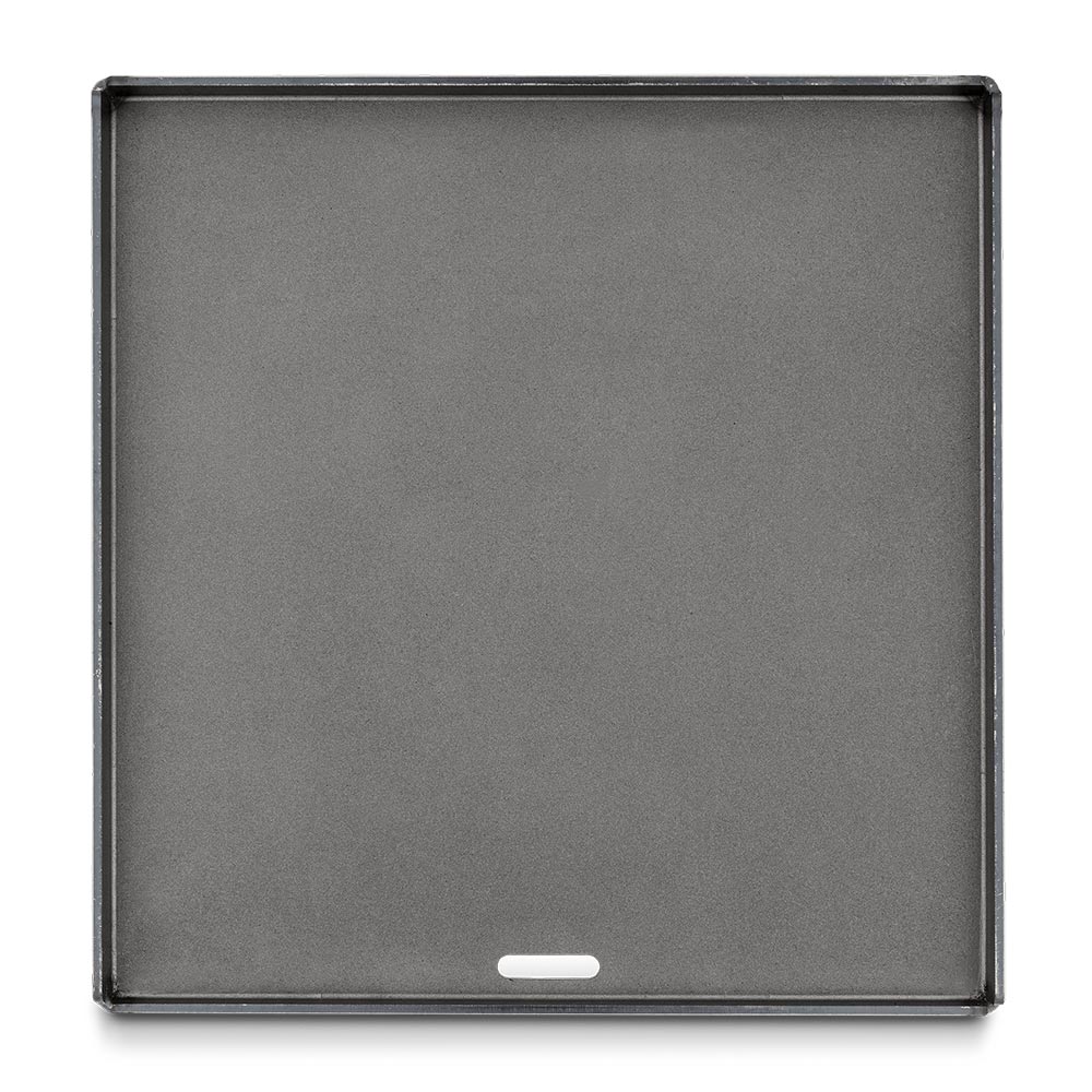 Square carbon steel griddle plate with smooth dark gray cooking surface and notch