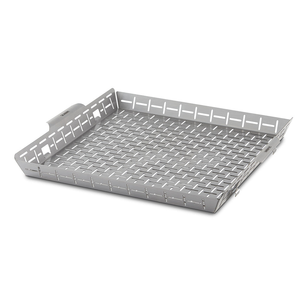 Stainless wire roasting basket with low sides and open grate pattern