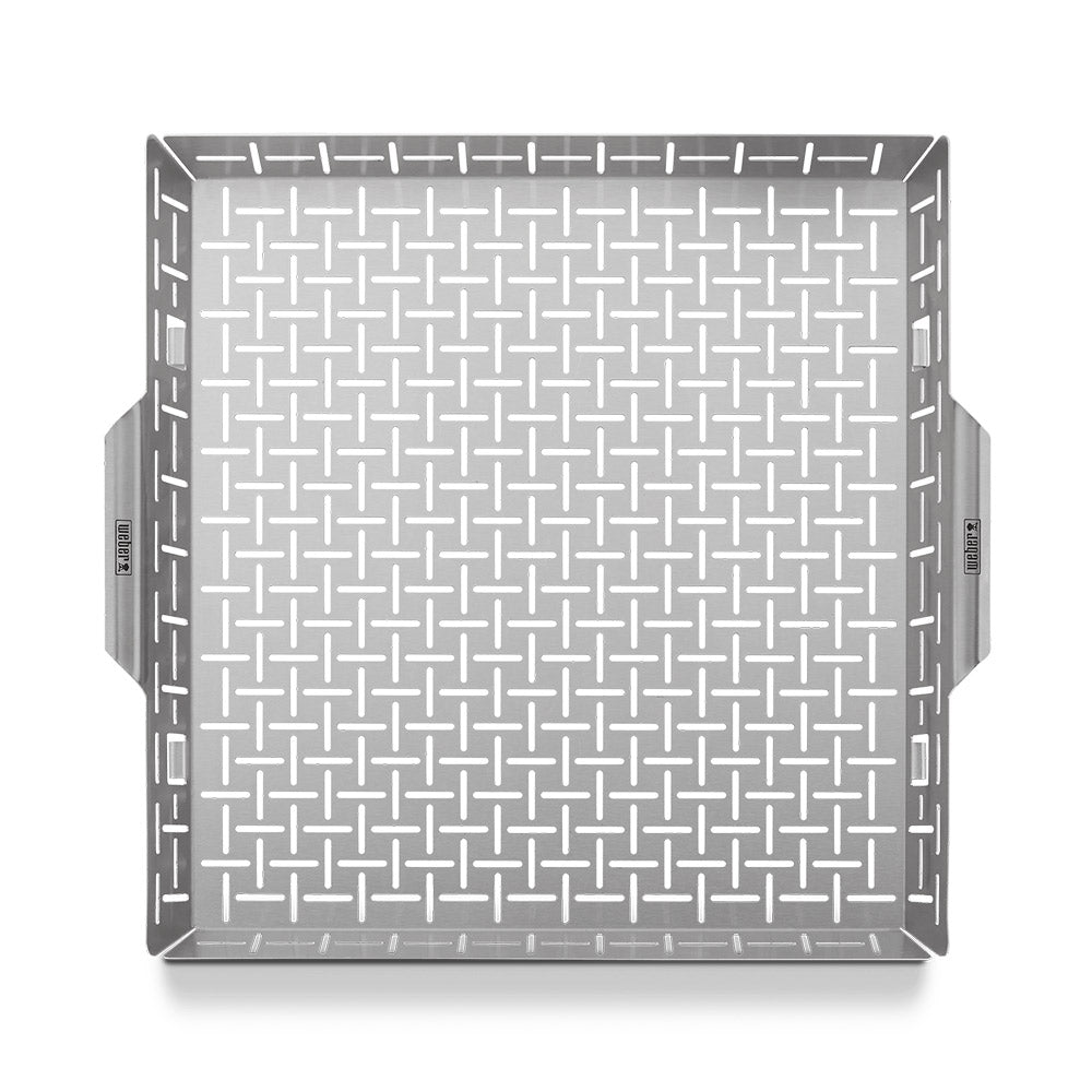Stainless roasting basket grate with an open woven pattern and raised edges