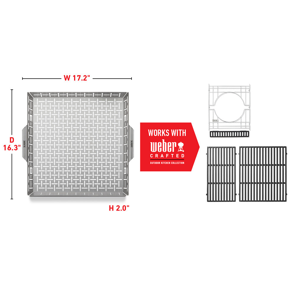 Roasting basket size diagram showing 17.2 in width and 16.3 in depth views