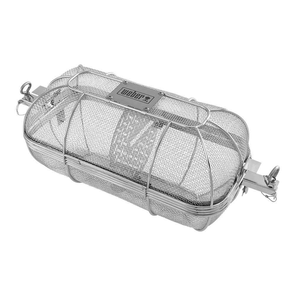 Rotisserie crisping basket with closed mesh lid and side handles