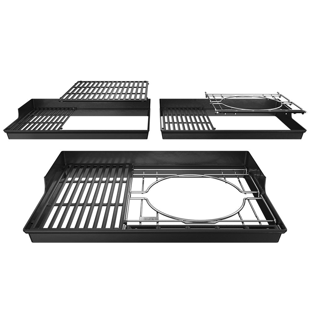 Grill frame kit components with black base, chrome grates, and support rails